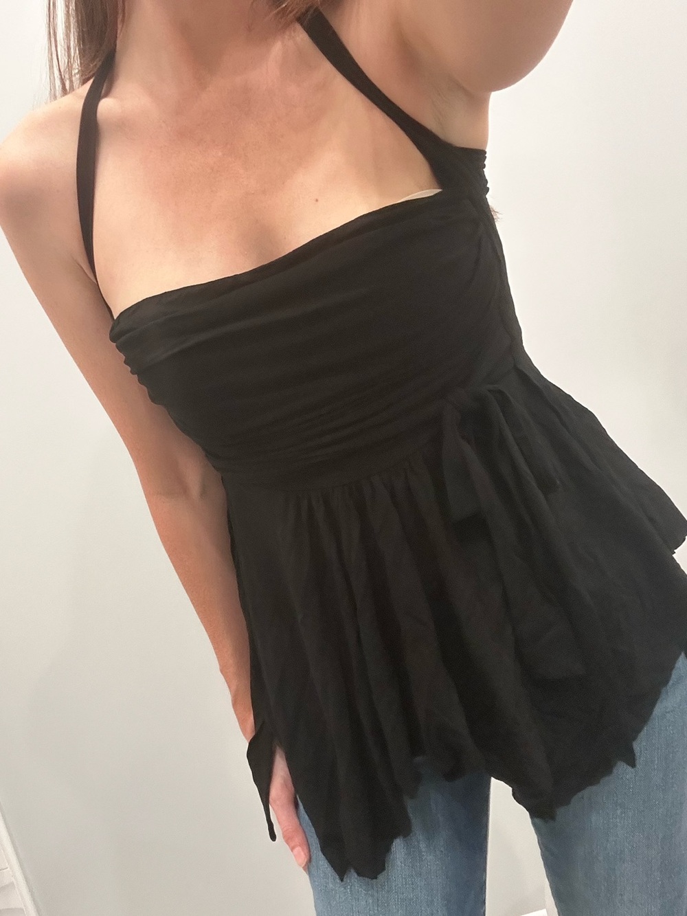Vintage Plein Sud Black Ruched Draped Halter Top Handkerchief Hem Mesh Y2K 90s